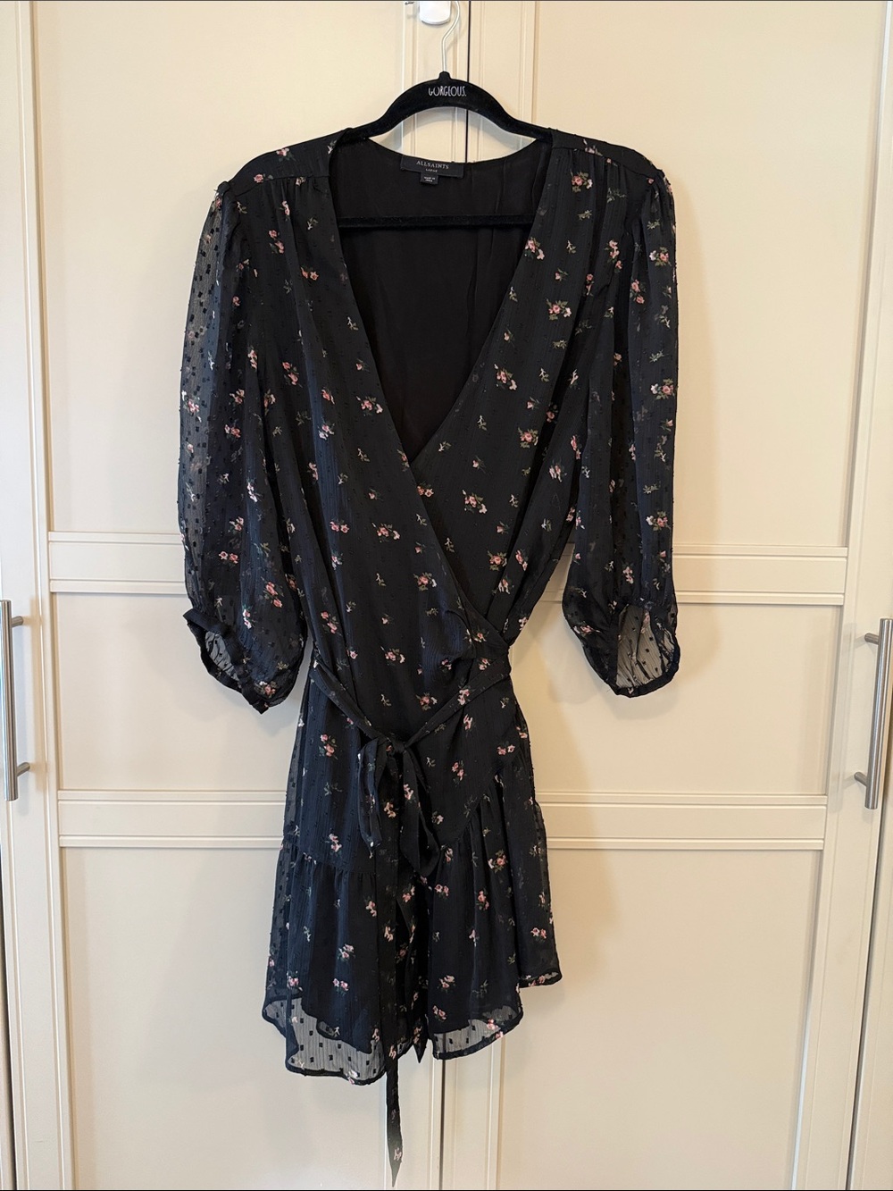 AllSaints Black Floral Wrap Mini Dress L Romantic Boho Chiffon